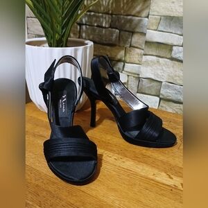 Women's Victoria Slingback Sexy Stiletto Heels Black Luster Satin‎ 6M Formal